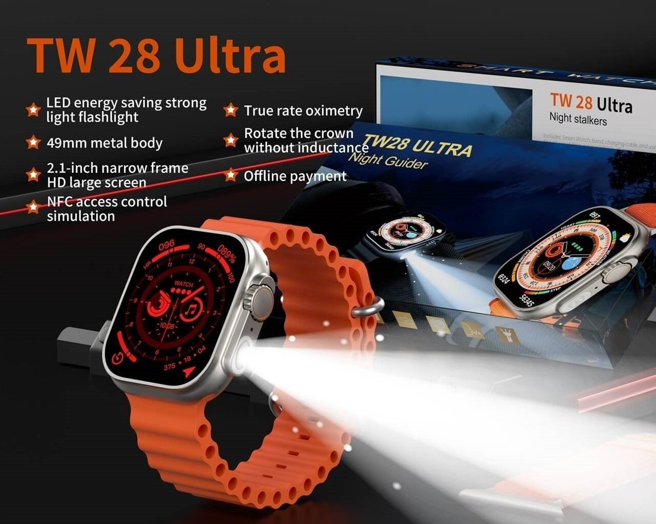 TW8 Ultra Smart Watch with Night Stalkers Strong Flashlight